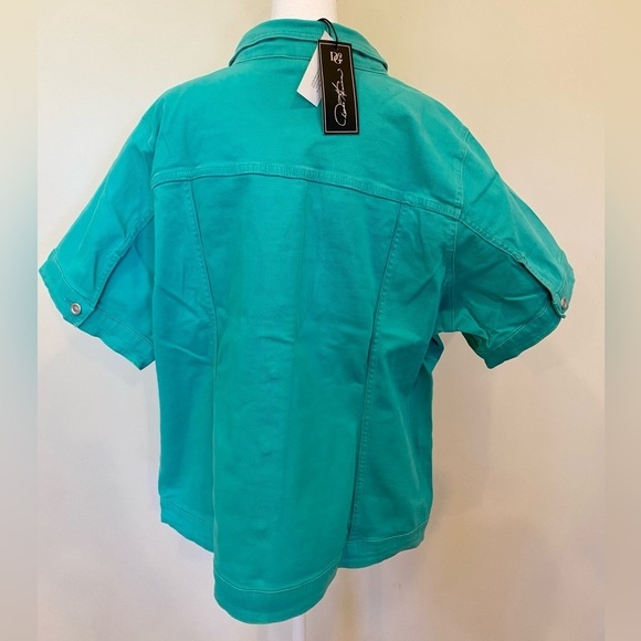 DG2 By Diane Gilman Jean Jacket Short Sleeve Aqua Green Top Plus Size 2X - Picture 5 of 8